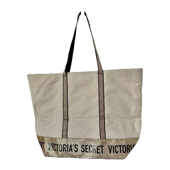 Victoria’s Secret Canvas & Gold Glitter Trim Tote Bag Zipper Top - Picture 9 of 14